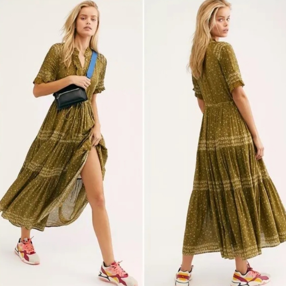 Free People Olive Green Tiered Maxi Dress